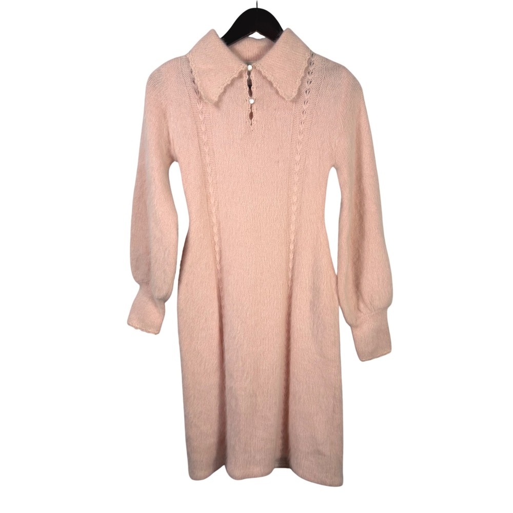Vtg‎ Kathy Paschalides Knit Wit Angora Knit Sweater Dress Peter Pan Collar Pink
